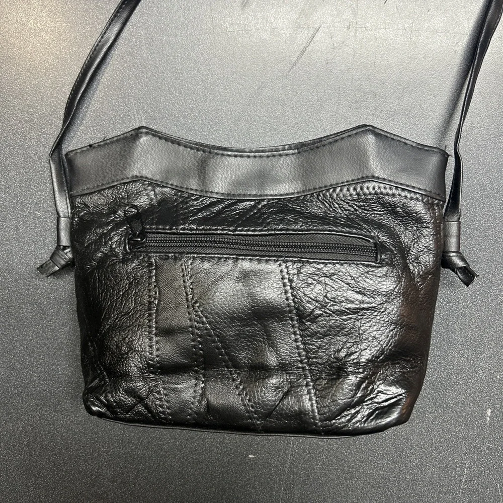 Vintage 1980s Black Leather Textured Patchwork Purse Shoulder Bag 90s Grunge